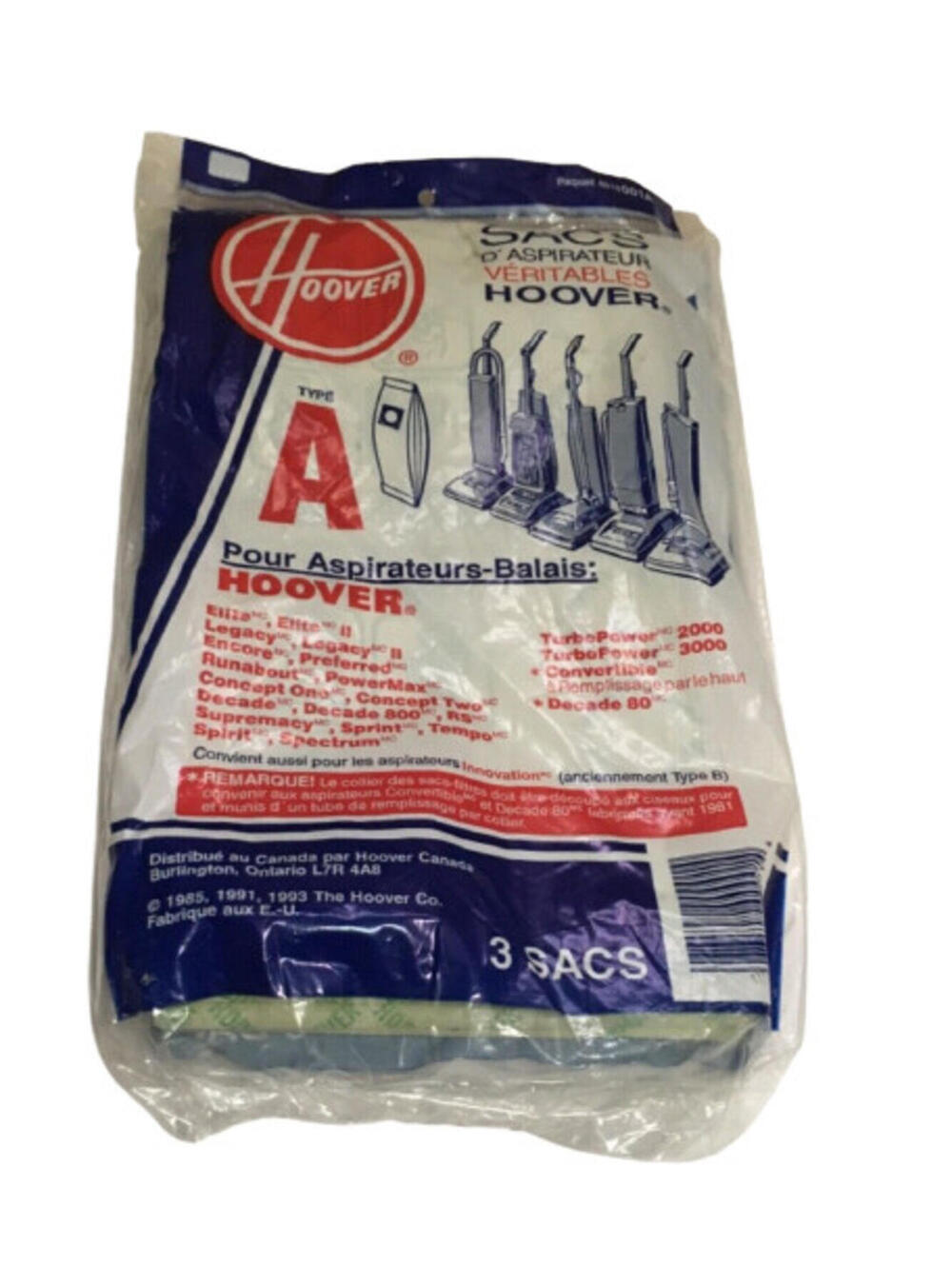 Hoover Type A Filter Vacuum Bags Fits Upright Cleaners New 3 Sacs pk Genuine